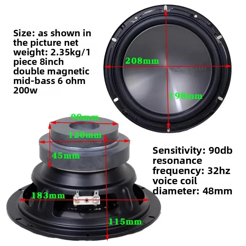 SOTAMIA 1Pcs 8 Inch Subwoofer Audio Speaker 6 Ohm 200W Long-stroke Dual-magnetic Bright Silver Super Bass Power Hifi Speaker